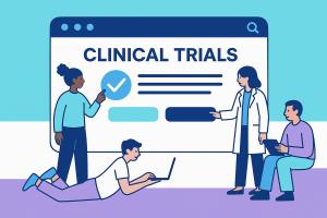 An illustration of four diverse figures engaging with a digital “Clinical Trials” interface. They are pointing, typing, and collaborating, symbolising inclusive participation and engagement in clinical research.