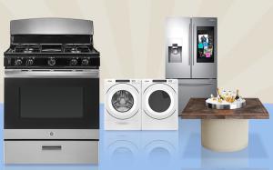 Appliances Connection 2019 Columbus Day Sale: Side Bar Picture with GE Range, Whirlpool Laundry Pair, Samsung Family Hub Refrigerator, and Lynx Fire Pit