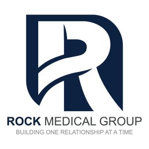 Logo of Rock Medical Group in Grey with a big letter R in the background