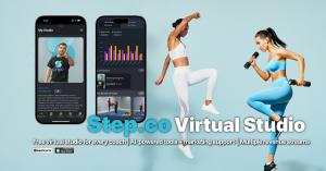 Two smartphone screens show Step.co Virtual Studio features including coach profile, revenue charts, and class schedules. Beside them, two women in activewear perform fitness exercises, representing the dynamic training options available on Step.co.