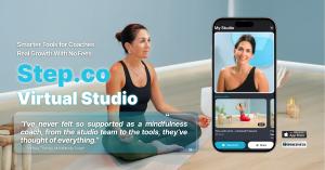 Mindfulness coach Courtney Thomas seated on a yoga mat, with Step.co Virtual Studio app on screen showing her classes. Quote highlights her feeling supported by the Step.co platform.
