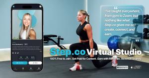 Fitness coach Eva training in a gym while Step.co Virtual Studio app displays her profile and classes. Quote emphasizes freedom to create, connect, and earn.