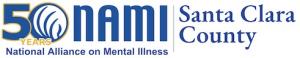 Blue and yellow logo of NAMI-Santa Clara County with 50 years and National Alliance on Mental Illness