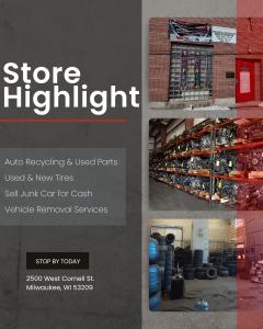 Exterior and interior views of Select Auto Parts in Milwaukee, showcasing racks of recycled auto parts and tires inside the city’s only indoor auto recycling facility.
