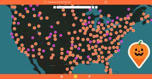 Screenshot of HalloweenLocal.com interactive map displaying Halloween events near users across the United States, Canada, and the United Kingdom.