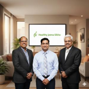 A corporate portrait of the three leaders of Healthy Jeena Sikho. They are standing together and smiling in a professional, modern office setting, with the company's logo visible on a screen in the background
