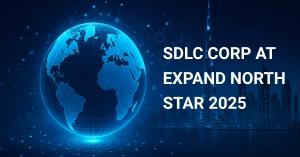 A digital globe glowing in blue with the Dubai skyline in the background, representing SDLC Corp’s participation in Expand North Star 2025 focused on innovation in iGaming, Artificial Intelligence, and Digital Transformation.