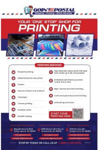 A flyer for print services offered by Goin' Postal of Jacksonville, Sneads Ferry, and Camp Lejeune.