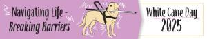 Image of the White Cane Day t-shirt showing a guide dog and a cane. Says Navigating Life - Breaking Barriers