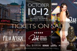 DaVinci International Film Festival October 10-12 Tickets on Sale now flyer features AMC Theaters at the Grove, Red Carpet Image of a Woman and a Festival flyer