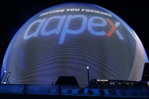 The AAPEX logo on the Las Vegas Globe