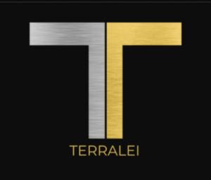 TERRALEI logo, black background gold and silver T
