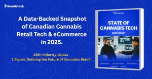 Breadstack’s State of Cannabis Tech 2025 report cover displayed beside text reading ‘A Data-Backed Snapshot of Canadian Cannabis Retail Tech & eCommerce in 2025’ and subline ‘358+ Industry Voices, 1 Report Defining the Future of Cannabis Retail.’ on a blu