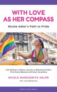 Image of Nicole Adler standing outside sunroof of a jeep waving a pride flag during the SF Pride Parade in June 2024
