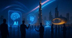A high-tech exhibition environment with holographic displays, digital interfaces, and the Dubai skyline in the background, representing SDLC Corp’s participation at GITEX 2025 to unveil innovations in Artificial Intelligence, iGaming, and Digital Transfor