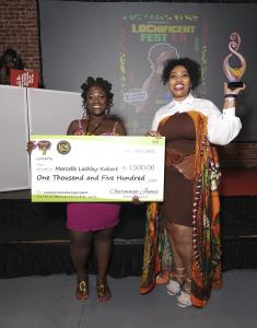 Marcelle and Lovaeta with her Locsanity Community Impact Award and check