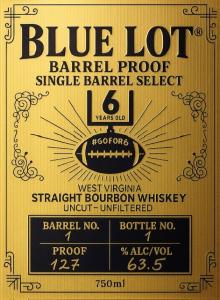 Detail of Blue Lot Barrel Proof label with hand-numbered bottle and barrel fields.