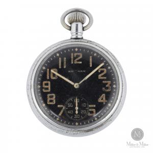 Circa 1942. WW2 British / Canadian military issue Waltham pocket watch, serial number 11224 on reverse. Nine jewels. Issued to Canadian snipers during WWII. Estimate: CA$350-$450.