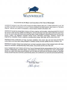 Image of the official Town of Wainwright proclamation, signed by Mayor Bruce Pugh on October 7, 2025. The resolution recognizes Hinduism’s global and Canadian contributions and condemns Hinduphobia, anti-Hindu bigotry, and intolerance, while affirming val