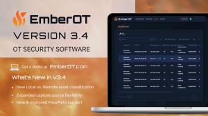 A promotional graphic announcing “EmberOT Version 3.4.” At the top, white text on a black and orange background reads, “EmberOT version 3.4, OT Security Software. Get a demo at EmberOT.com” Below, key features are listed in white and orange text, includin