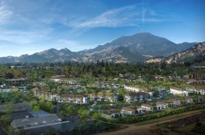 Aerial rendering of The Veranda at Indian Springs Calistoga showing new guest rooms, pool, gardens, and resort buildings framed by the surrounding Napa Valley. (Keywords: Indian Springs Calistoga, The Veranda, Napa Valley resort, aerial rendering, wellness retreat)