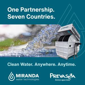 Graphic showing a Miranda Water Technologies system and flowing clean water, announcing a new partnership with Prevassa expanding distribution across seven countries in Central America and the Dominican Republic.
