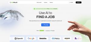 AI job search platform homepage with robot and human hand illustration.