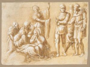 Brown ink and wash painting by Biagio Pupini (1511-1575), titled Two Groups of Figures. Estimate: $5,000-$7,000
