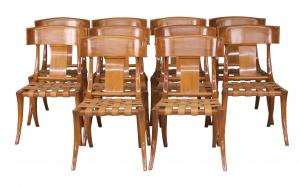 Group of ten Jonathan Sainsbury Klismos dining chairs, 20th century. Estimate: $8,000-$12,000