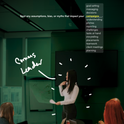Print Advertisement showing Comms Leader presenting in a boardroom