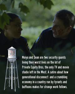 Moiya (30, black) and Sean (40's white) huddle behind some bushes while carrying out Private Equity Bros' latest urgent but insane orders. Sean's face is smeared with blood. The logline appears in bold in the foreground next to a miniature graphic of the