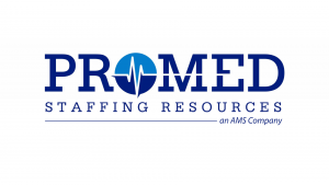 "ProMed Staffing Resources" is displayed in a combination of dark and light blue tones, with the letter 'O' stylized as a circular emblem featuring a heartbeat line. Beneath the name, accompanying text clearly identifies the organization as a healthcare s