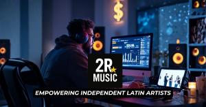 Producer working at studio computer with 2R Music logo and text “Empowering Independent Latin Artists”.