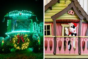 Holiday lighted tractor and festive character sightings at Fair Oaks Farms