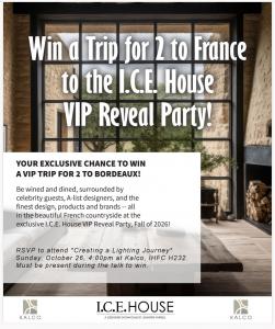 Kalco Lighting is giving Market attendees the opportunity to win a Trip for Two to France to experience Jennifer Farrell's visionary showhome, I.C.E. House: Interconnected Changeable Environments.