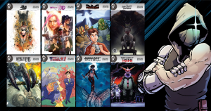 Image of 8 cover art images of Concept to Comic™ completed projects with the Metal Ninja Studios mascot, REN, the cybernetic ninja.