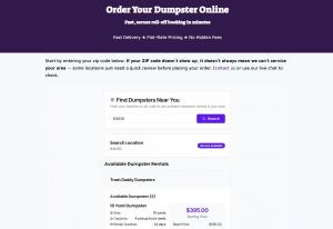 Screenshot of Trash Daddy Dumpsters online ordering page showing fast, secure booking
