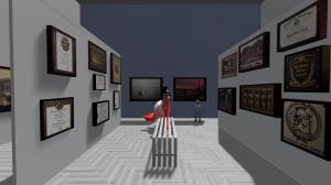 A virtual gallery room with pale gray walls displays framed certificates, plaques, and military memorabilia—many honoring the U.S. Army and Women’s Army Corps. In the center stands a long white bench. A tall avatar with long black hair, a red gown, and a 