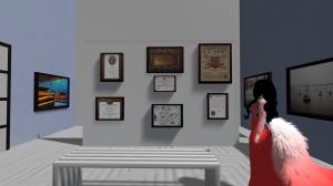  closer view of the same VR gallery shows the Ferry Godmother in the red gown facing a wall filled with certificates, commendations, and historical military documents. The plaques are neatly arranged in rows, framed in dark wood. A vivid photograph of a g