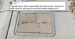 Screenshot of a Reddit post complaining about a broken Cox Communications sidewalk vault cover. Post highlights community frustration over dangerous sidewalks and lack of safety inspections.