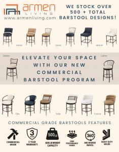 Armen Living’s new Commercial Barstool Program features 8 original designs, available in 26“ inch counter height and 30” bar height stools, in fashion-forward designs and in several distinctive colorways.