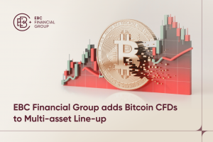 3D Bitcoin coin with candlestick chart in red and green, symbolising EBC Financial Group’s addition of Bitcoin CFDs to its trading portfolio – EBC