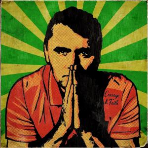 Martyr For Justice album cover. A red, yellow, and green image of Charlie Kirk Praying. He has a badge on his chest that reads, "Courage and Faith."