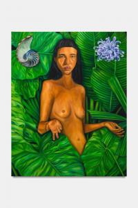 Stefania Tejada incorporates shells in her lush paintings where female figures emerge from dense foliage. In God’s Dream, the upper body of a female nude figure emerges from rich and bright green foliage. A conch is pictured in the top left of the composi