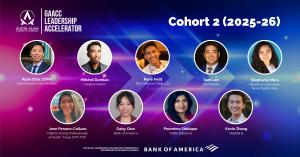 This image shows the headshots, names, titles, and affiliations of the nine members of GAACC Leadership Accelerator Cohort 2.