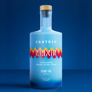 Blue frosted bottle of Cantrip Elixir, a hemp-derived THC spirit alternative with 10mg per serving, photographed on a bright background to highlight its naturally vivid hue.