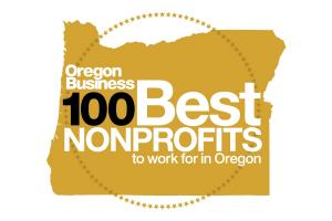 The gold and black logo for the 100 Best Nonprofts in Oregon for 2025