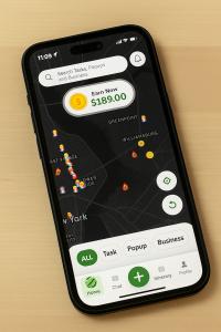 A smartphone displaying the Secret World app interface, with a map showing icons for local gigs, pop-up vendors, and earning opportunities.