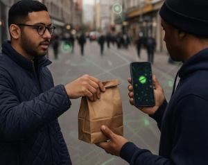 One person hands a brown paper bag to another who holds a smartphone displaying the Secret World app, illustrating a live task exchange on a city street.