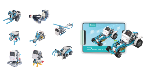 ELECFREAKS micro:bit Nezha Pro AI Mechanical Power Kit showing multiple buildable robot models, including walking robots, robotic arms, and vehicles for STEM education with AI and mechanical power learning features.